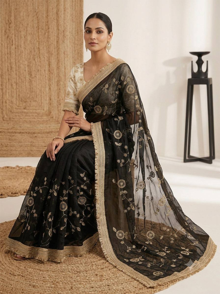 Black Fendy Satin Silk Embroidery Wedding Reception Party Festival Casual Heavy Border Sarees