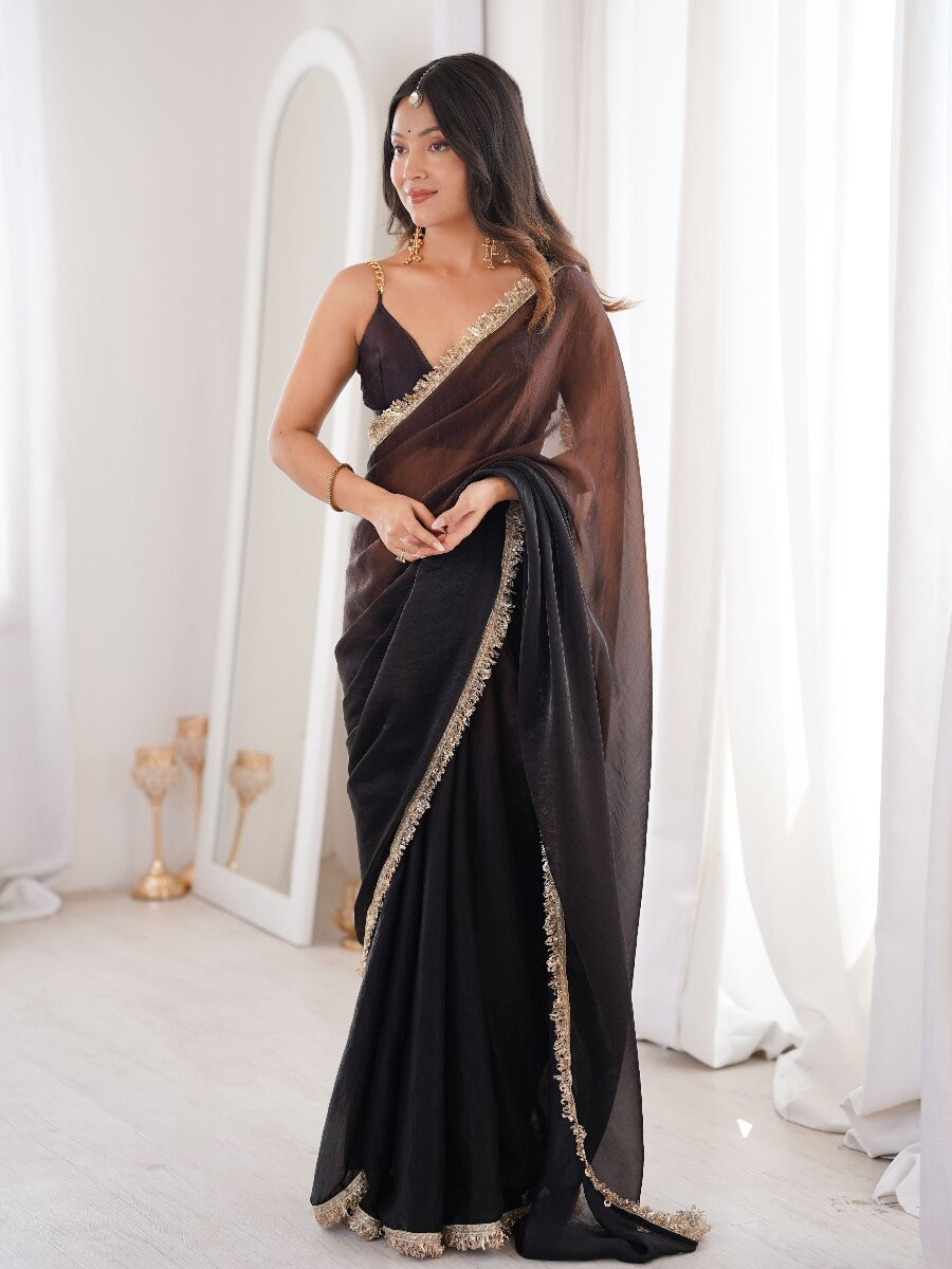Black Fendy Satin Zari Sequins Double Shaded Wedding Reception Party Festival Casual Heavy Border Sarees