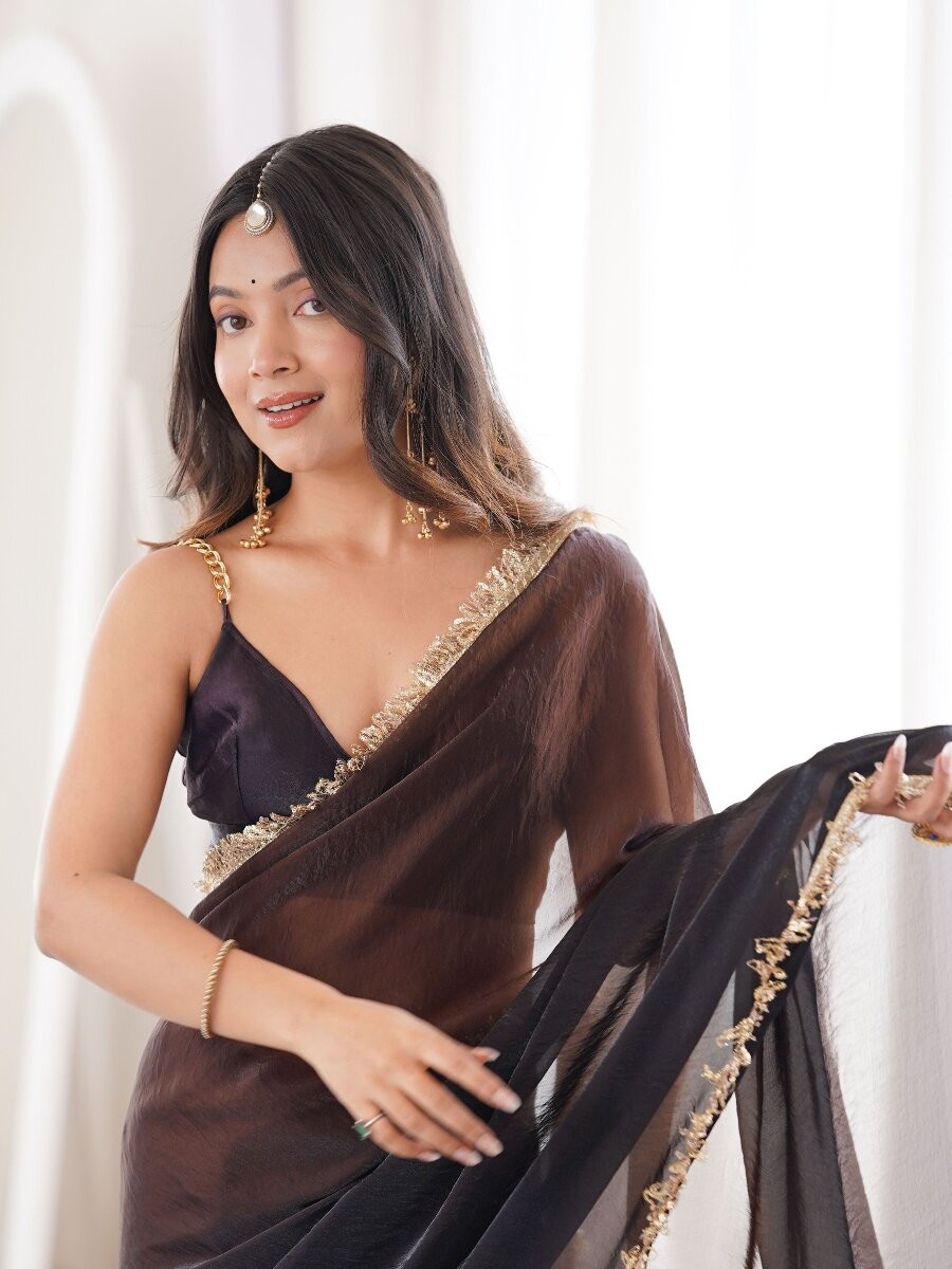 Black Fendy Satin Zari Sequins Double Shaded Wedding Reception Party Festival Casual Heavy Border Sarees