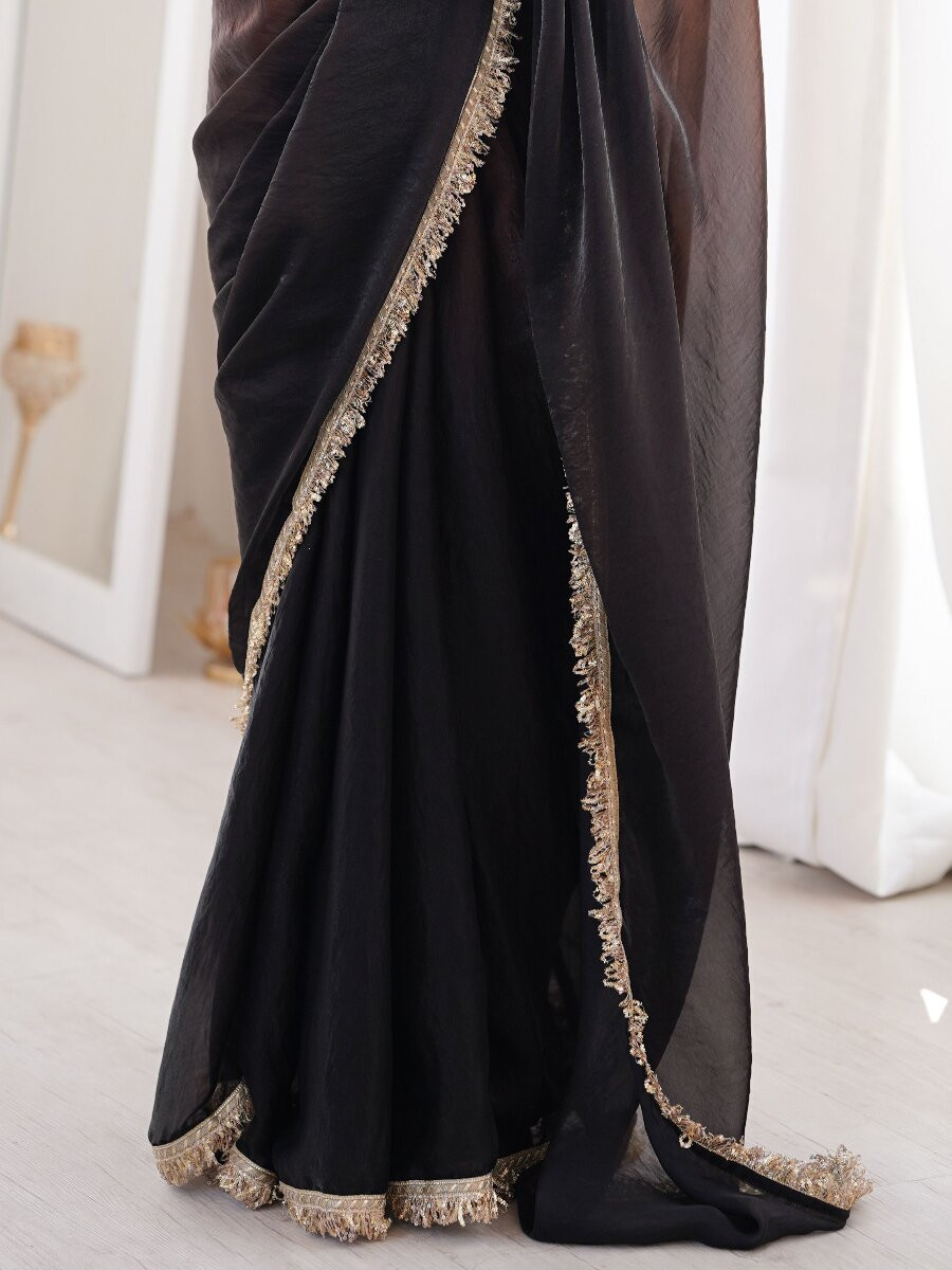 Black Fendy Satin Zari Sequins Double Shaded Wedding Reception Party Festival Casual Heavy Border Sarees