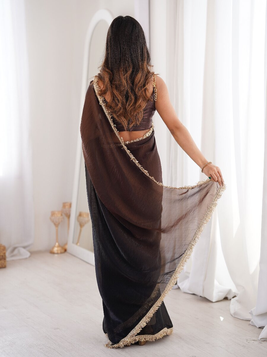 Black Fendy Satin Zari Sequins Double Shaded Wedding Reception Party Festival Casual Heavy Border Sarees
