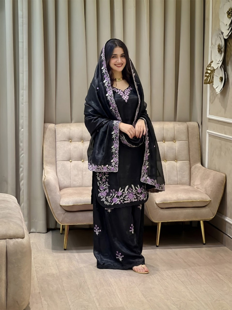 Image of Black Fendy Silk Embroidery Sequins Wedding Party Festival Casual Ready Palazzo Pant Salwar Kameez