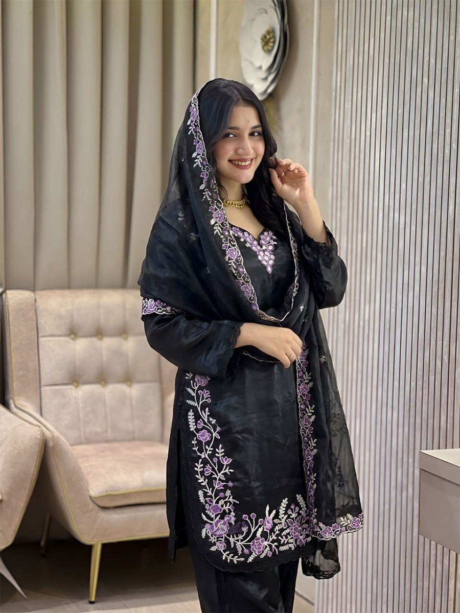 Black Fendy Silk Embroidery Sequins Wedding Party Festival Casual Ready Palazzo Pant Salwar Kameez