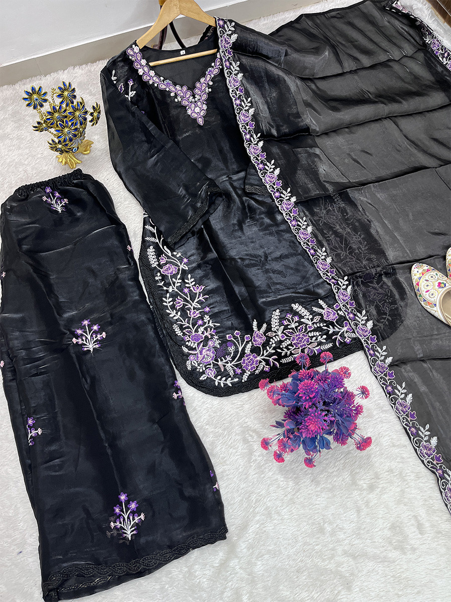 Black Fendy Silk Embroidery Sequins Wedding Party Festival Casual Ready Palazzo Pant Salwar Kameez