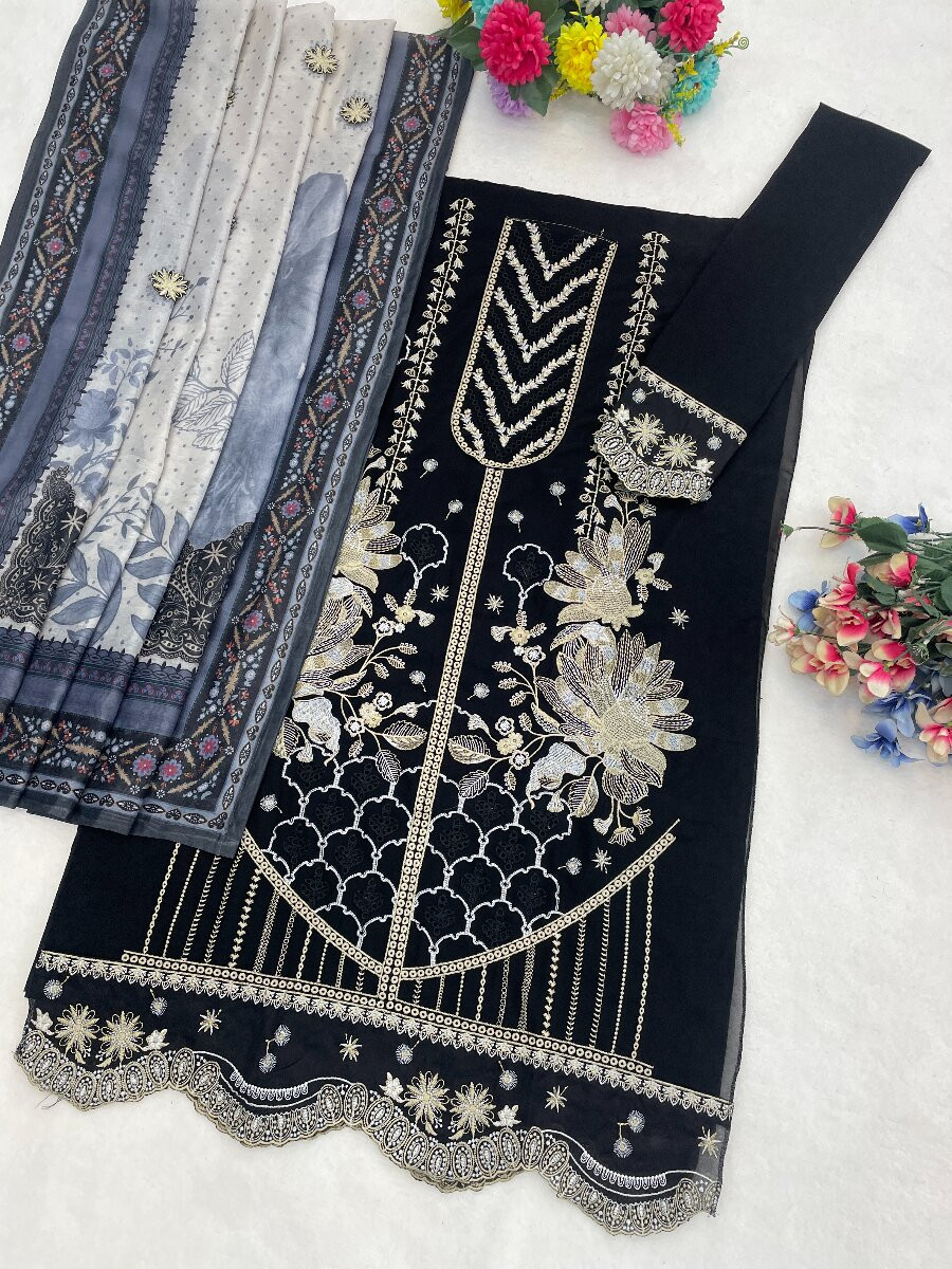 Black Fox Georgette Embroidery Casual Festival Wedding Party Pant Salwar Kameez