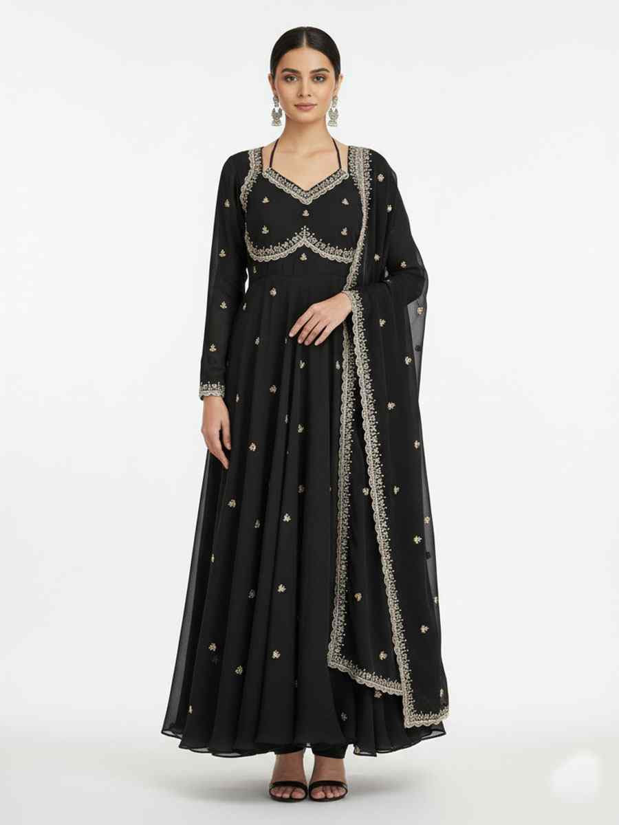 Black Fox Georgette Embroidery Party Wedding Festival Casual Ready Anarkali Salwar Kameez