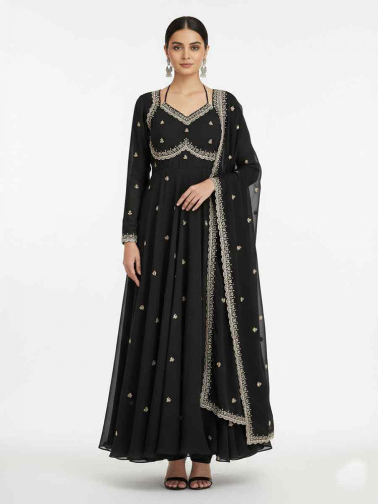 Image of Black Fox Georgette Embroidery Party Wedding Festival Casual Ready Anarkali Salwar Kameez