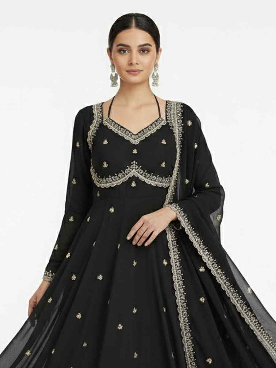 Black Fox Georgette Embroidery Party Wedding Festival Casual Ready Anarkali Salwar Kameez