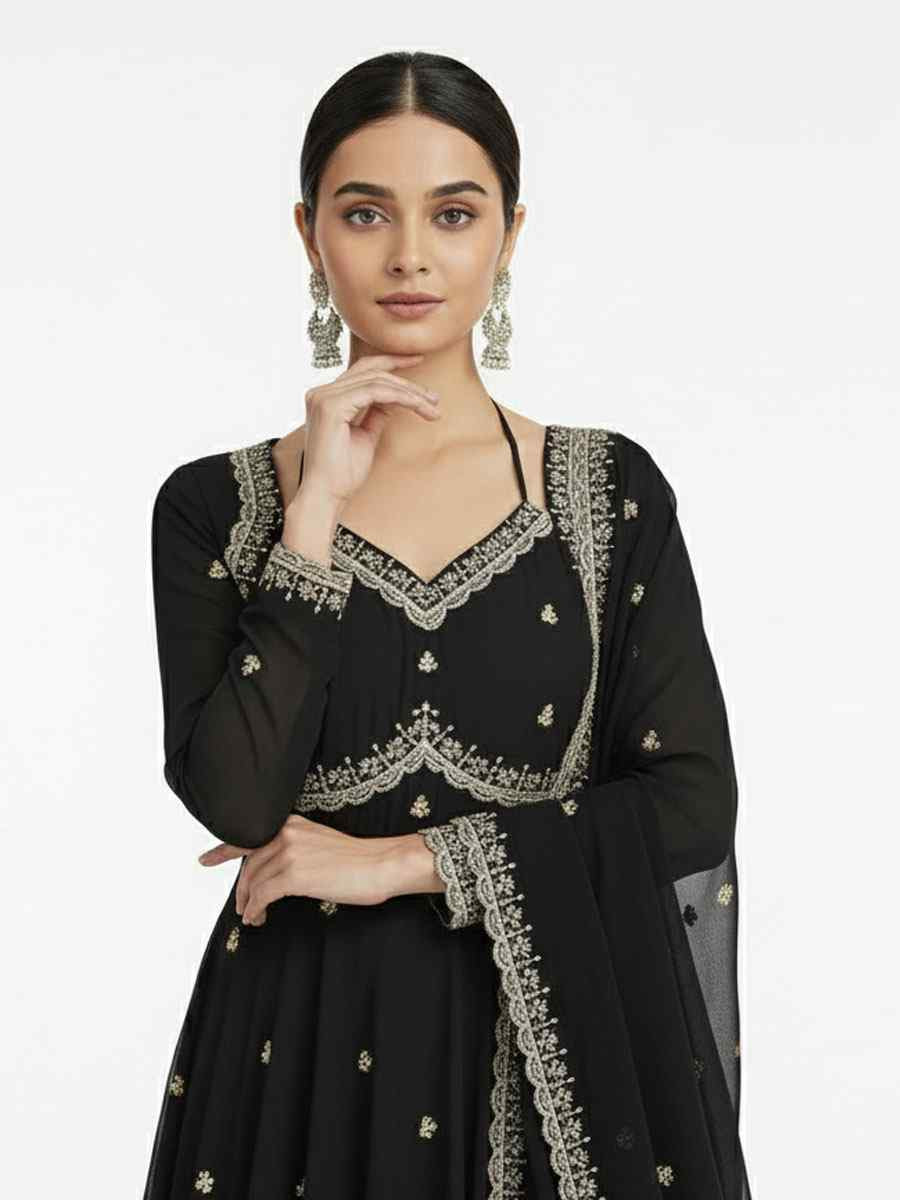 Black Fox Georgette Embroidery Party Wedding Festival Casual Ready Anarkali Salwar Kameez