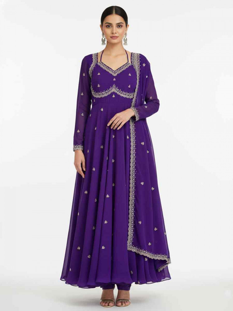 Image of Black Fox Georgette Embroidery Party Wedding Festival Casual Ready Anarkali Salwar Kameez