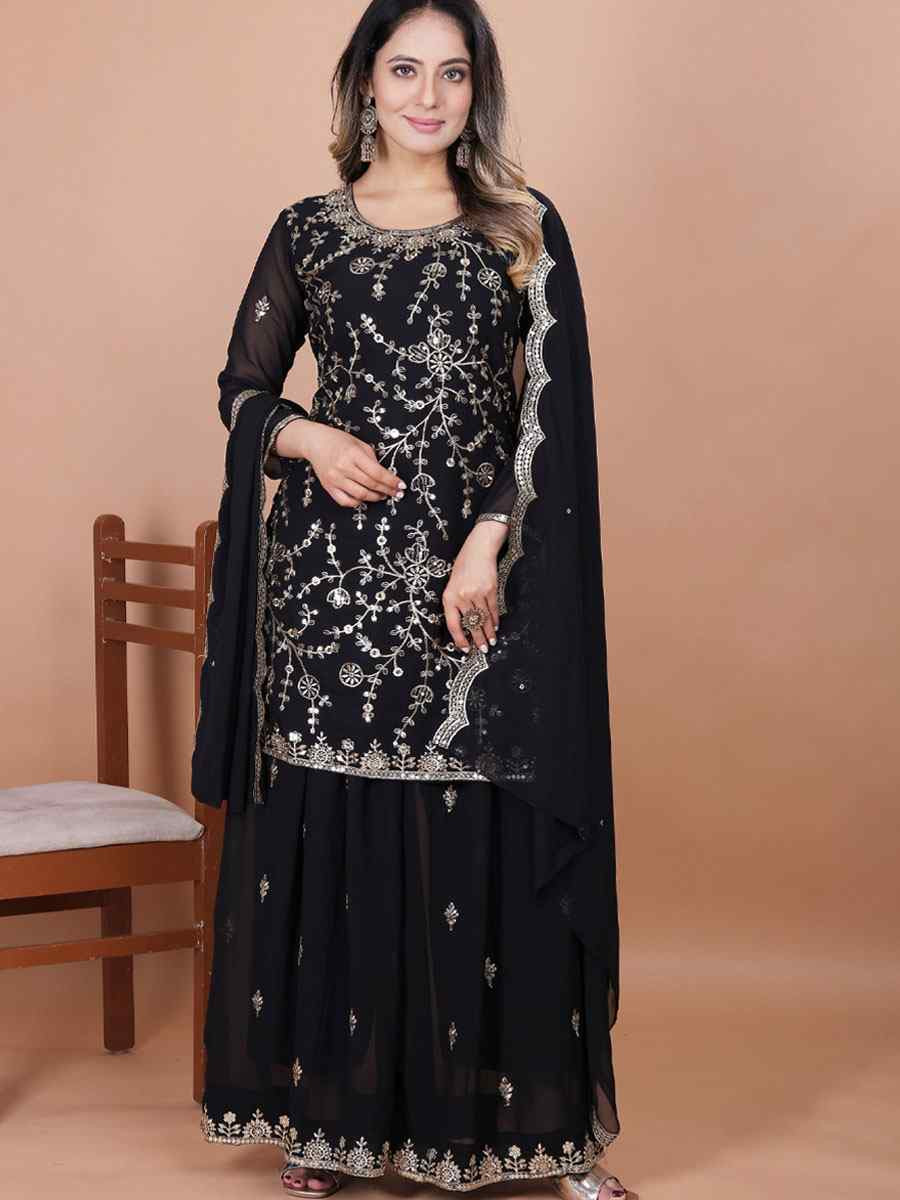 Black Fox Georgette Embroidery Party Wedding Festival Casual Ready Palazzo Pant Salwar Kameez