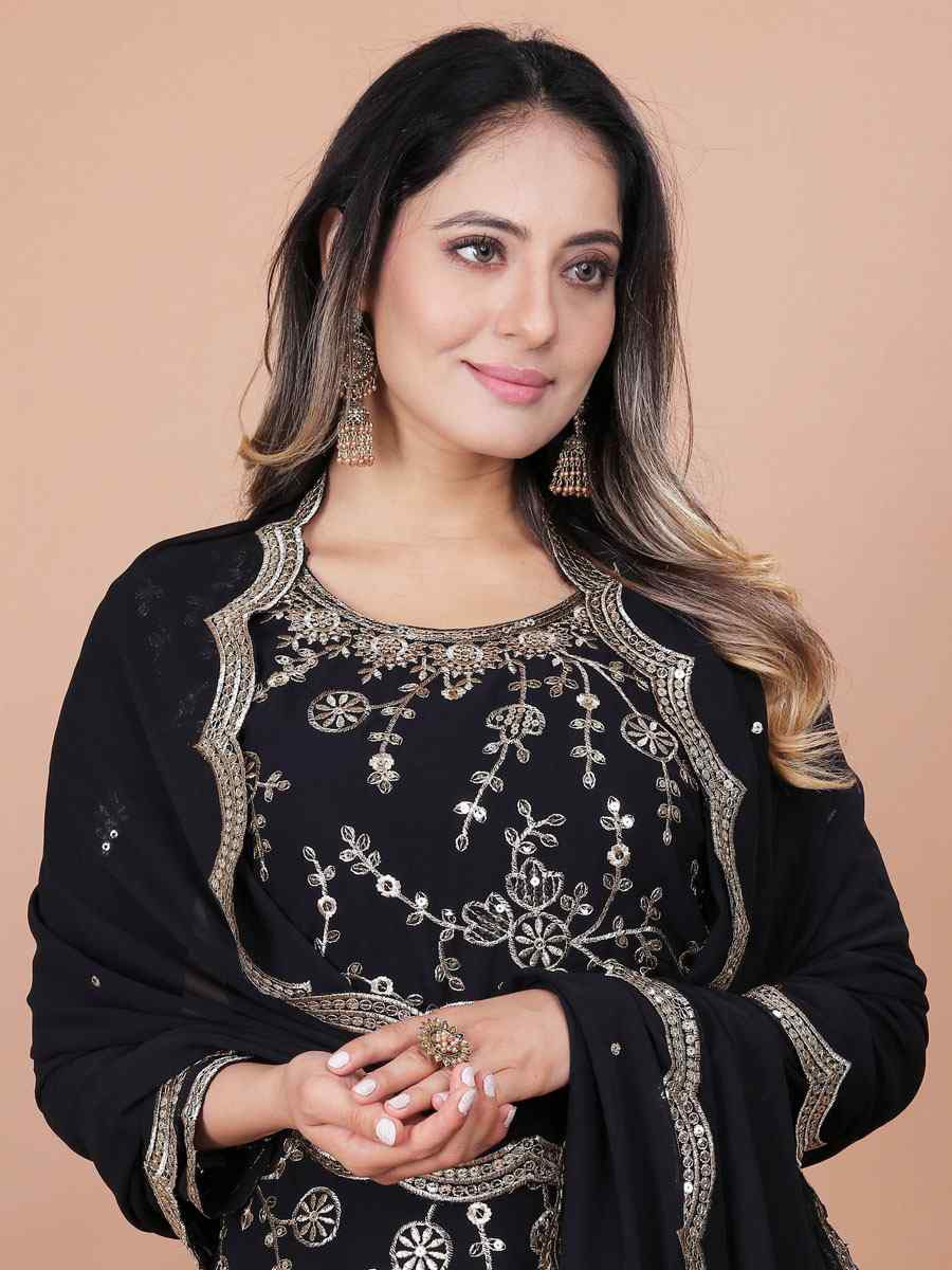 Black Fox Georgette Embroidery Party Wedding Festival Casual Ready Palazzo Pant Salwar Kameez