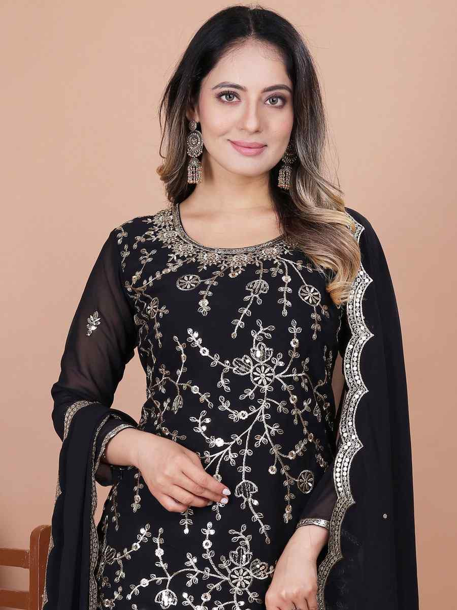 Black Fox Georgette Embroidery Party Wedding Festival Casual Ready Palazzo Pant Salwar Kameez
