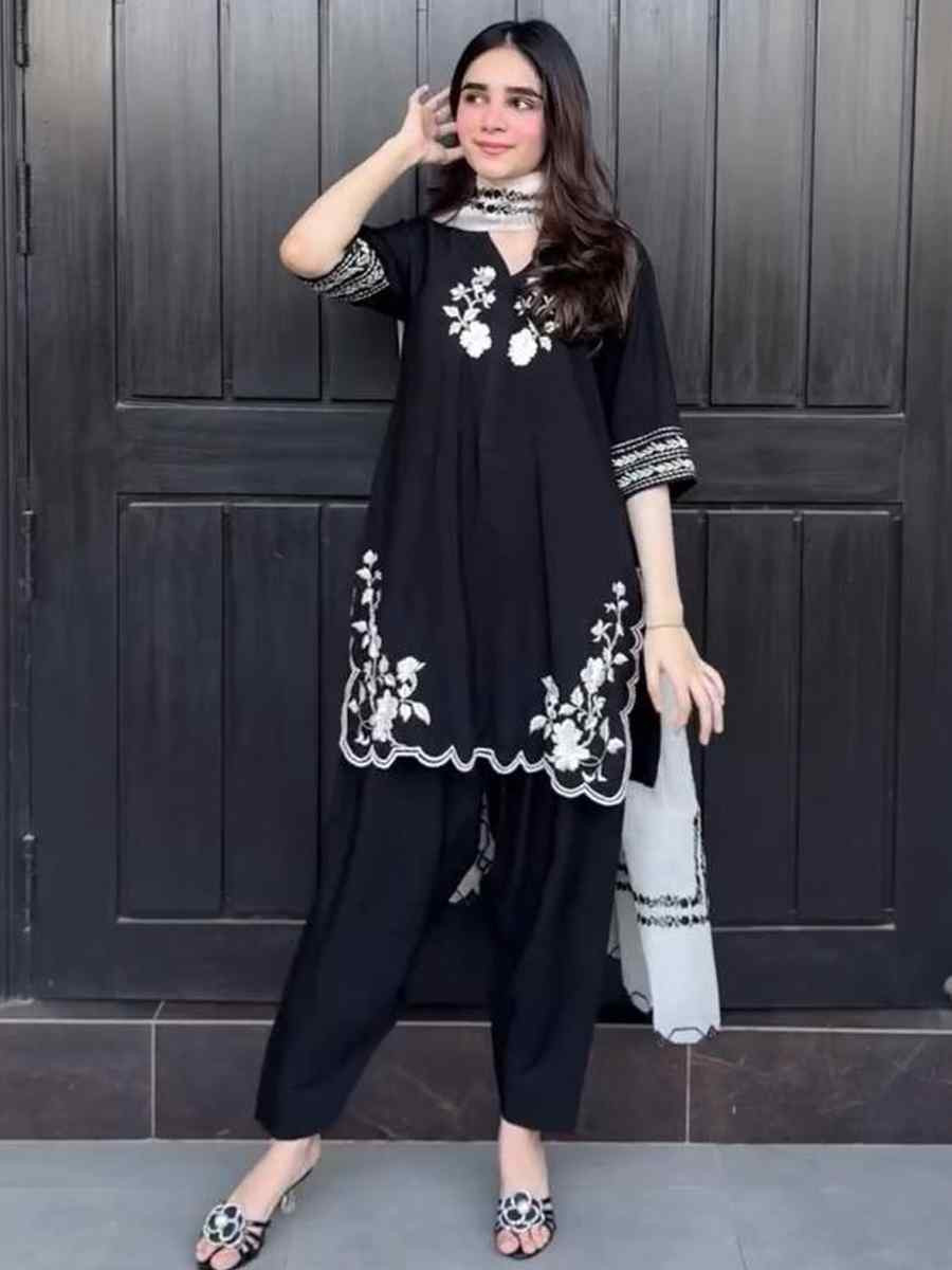 Black French Crepe Embroidery Party Wedding Festival Casual Ready Farsi Salwar Kameez