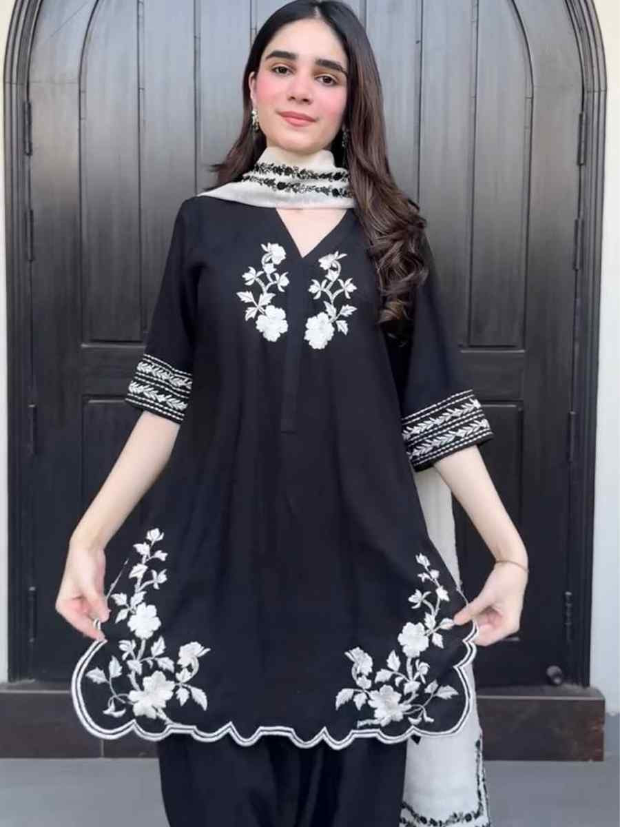 Black French Crepe Embroidery Party Wedding Festival Casual Ready Farsi Salwar Kameez