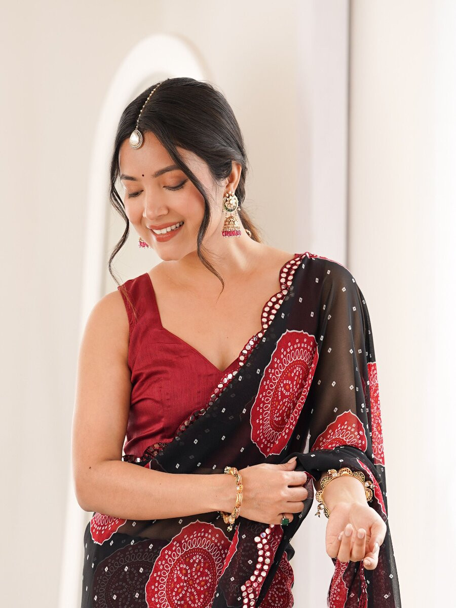 Black Georgette Bandhani Printed Mirror Cut Work Wedding Reception Party Festival Casual Heavy Border Sarees