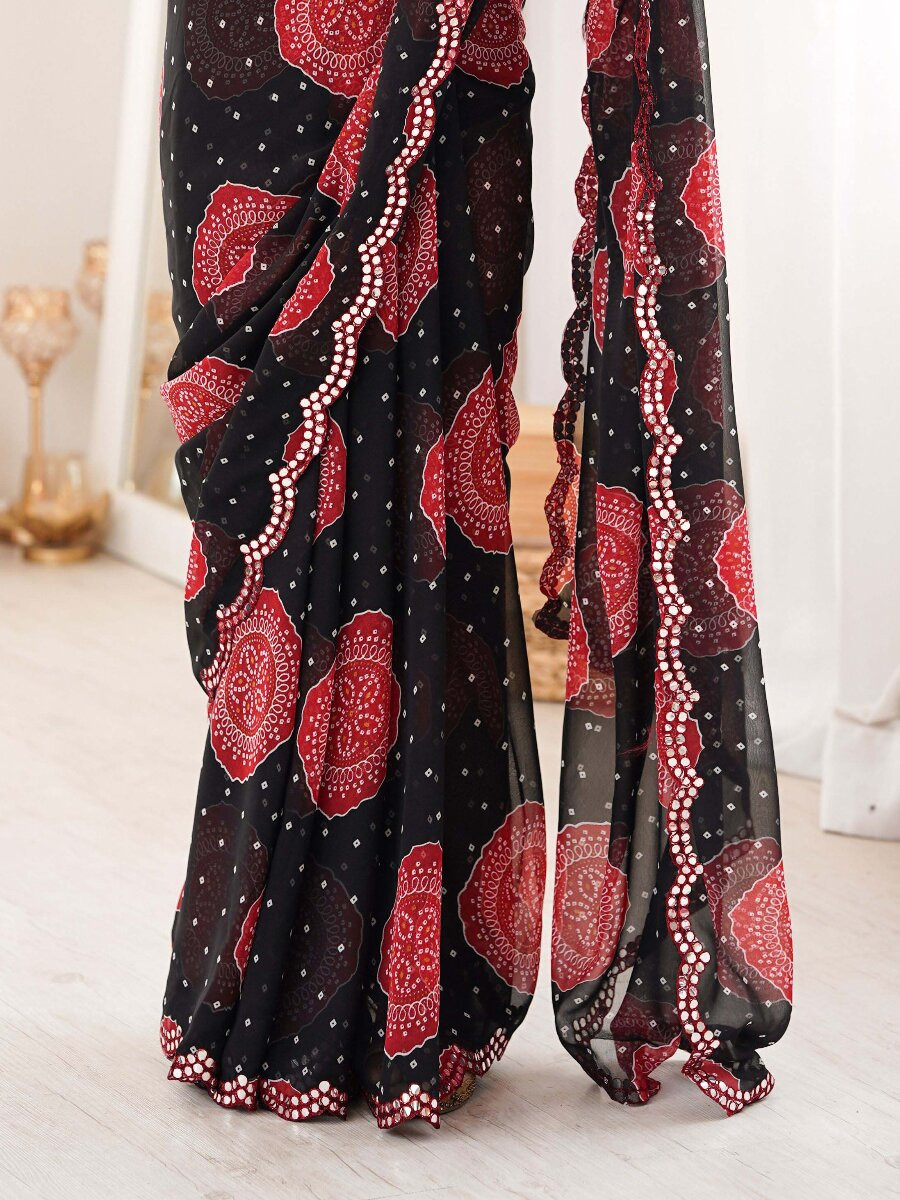 Black Georgette Bandhani Printed Mirror Cut Work Wedding Reception Party Festival Casual Heavy Border Sarees