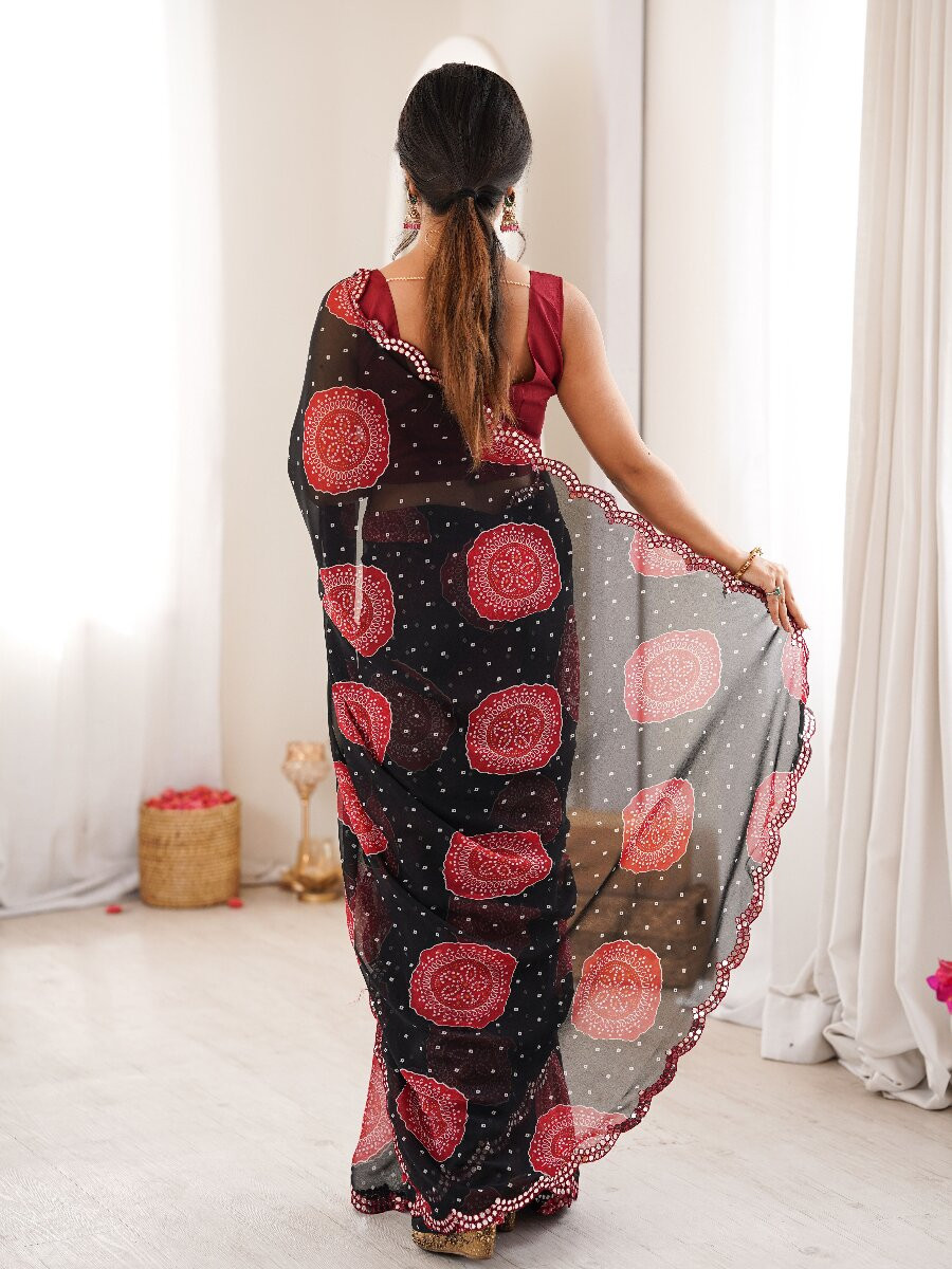 Black Georgette Bandhani Printed Mirror Cut Work Wedding Reception Party Festival Casual Heavy Border Sarees