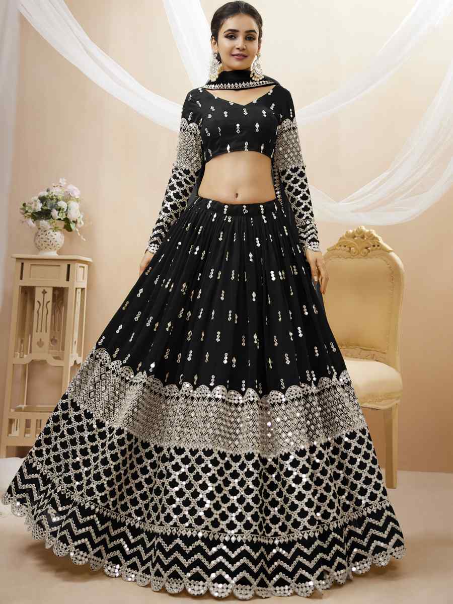 Black Georgette Embroidered Bridesmaid Wedding Heavy Border Lehenga Choli