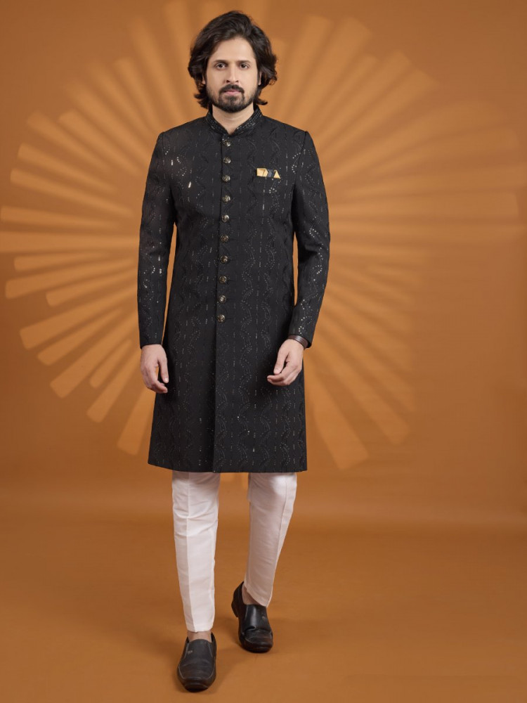 Image of Black Georgette Embroidered Computer Thread work Wedding Party Festival Groom Sherwani