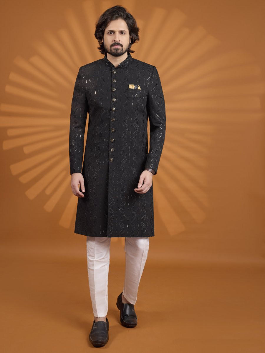 Black Georgette Embroidered Computer Thread work Wedding Party Festival Groom Sherwani