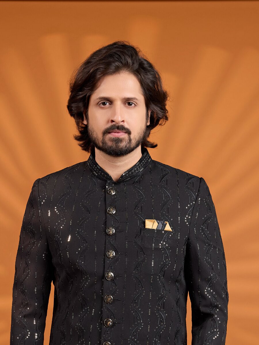 Black Georgette Embroidered Computer Thread work Wedding Party Festival Groom Sherwani