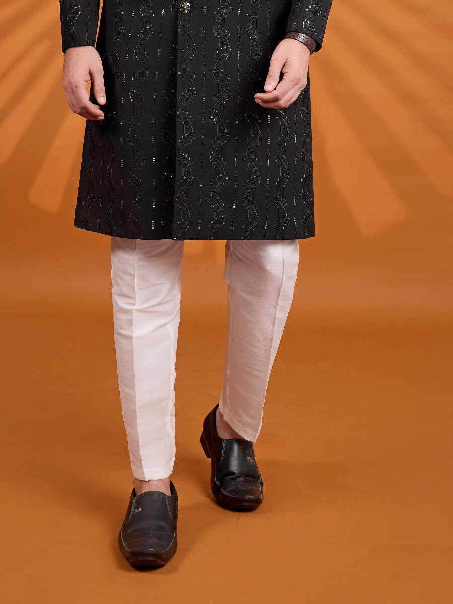 Black Georgette Embroidered Computer Thread work Wedding Party Festival Groom Sherwani