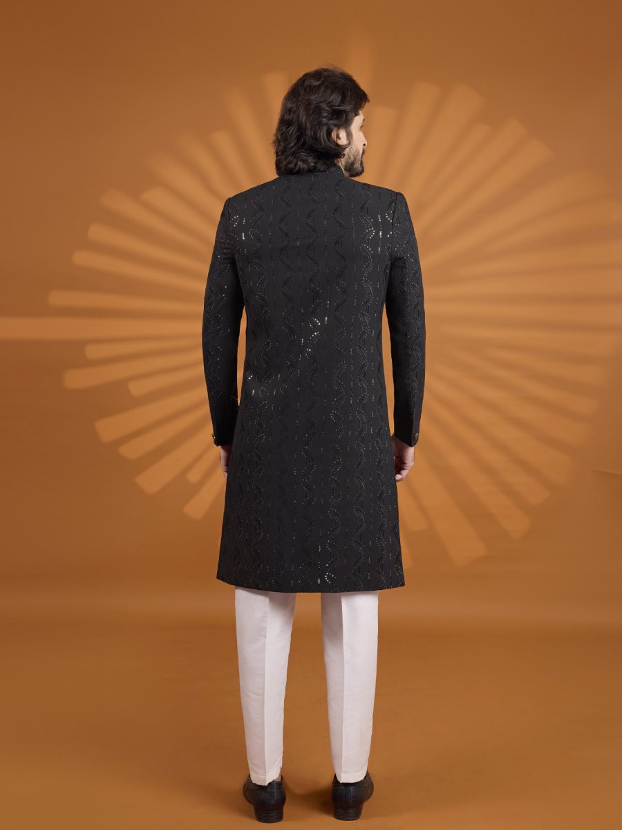 Black Georgette Embroidered Computer Thread work Wedding Party Festival Groom Sherwani