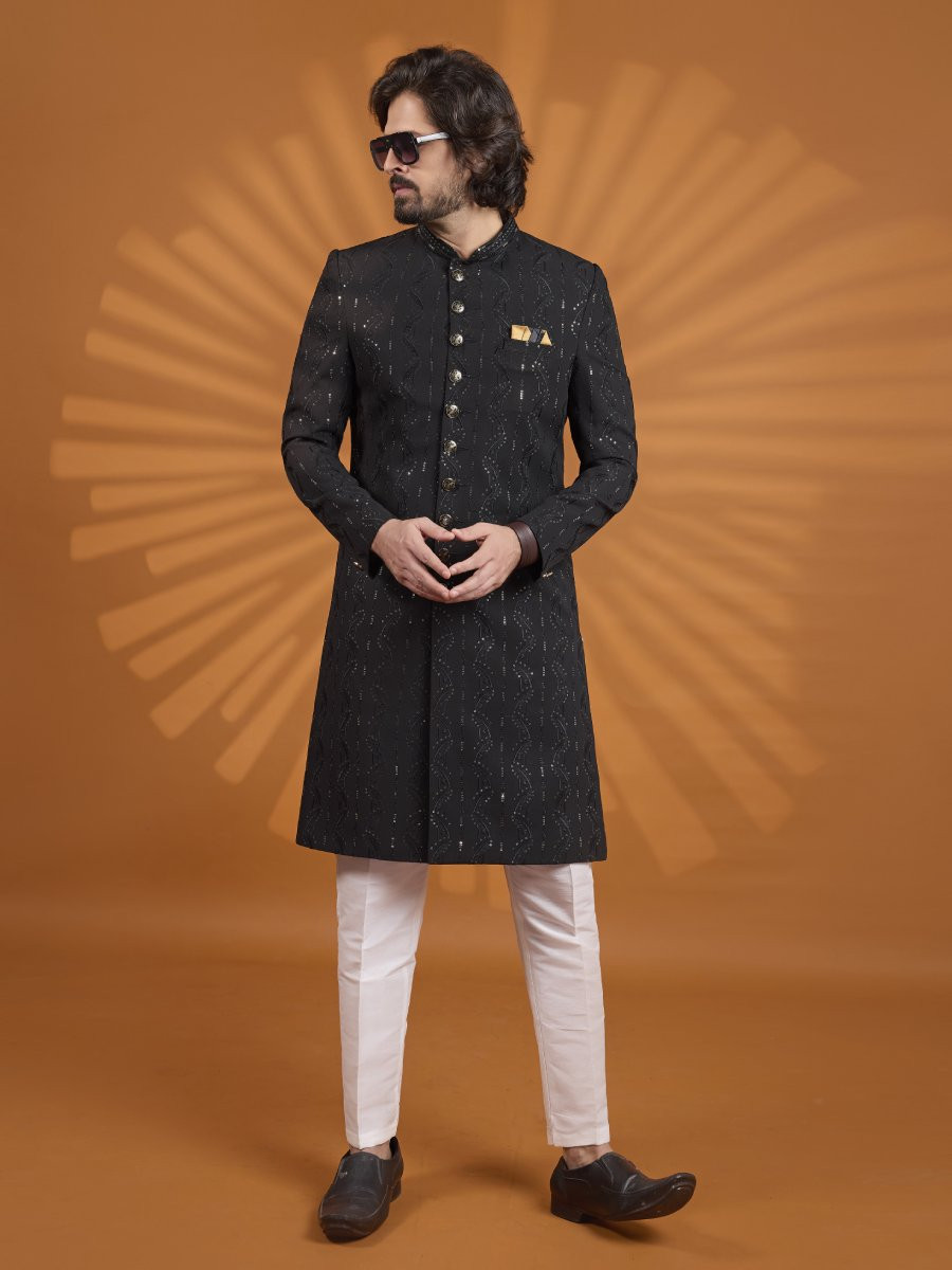 Black Georgette Embroidered Computer Thread work Wedding Party Festival Groom Sherwani