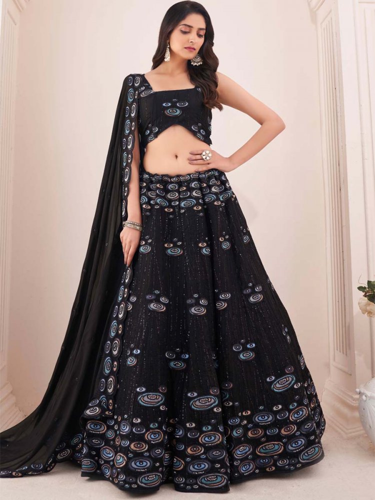 Black Georgette Embroidered Engagement Wedding Heavy Border Lehenga Choli