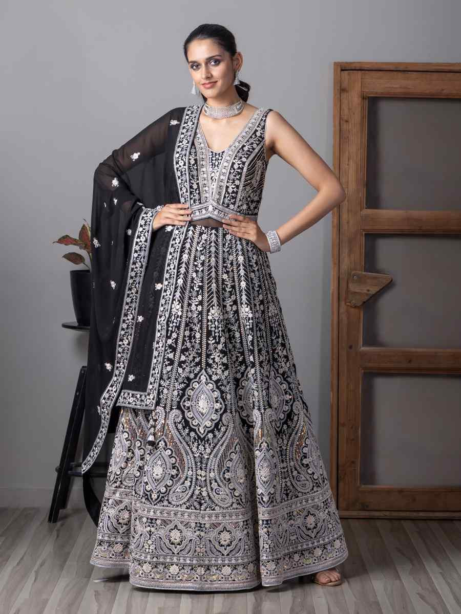 Black Georgette Embroidered Festival Casual Gown