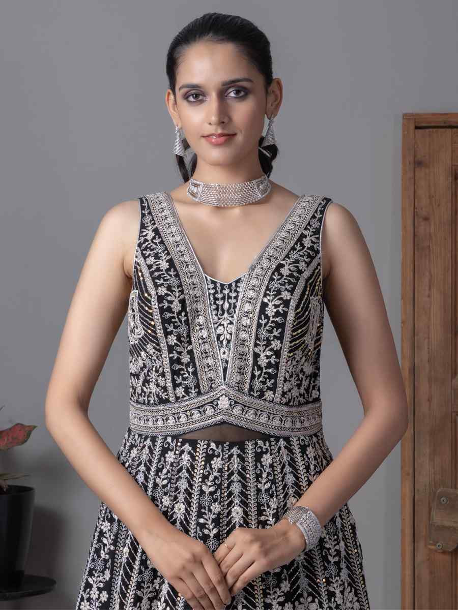 Black Georgette Embroidered Festival Casual Gown