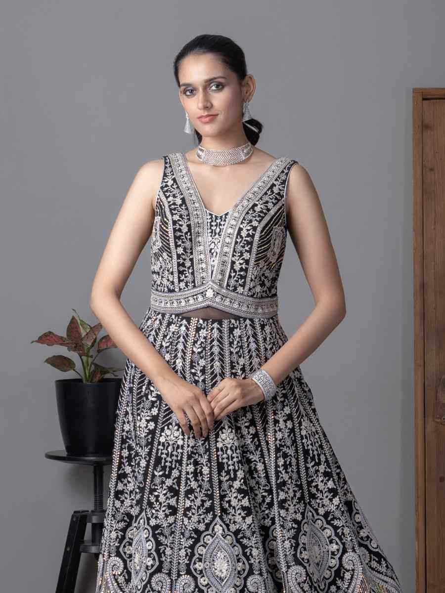 Black Georgette Embroidered Festival Casual Gown