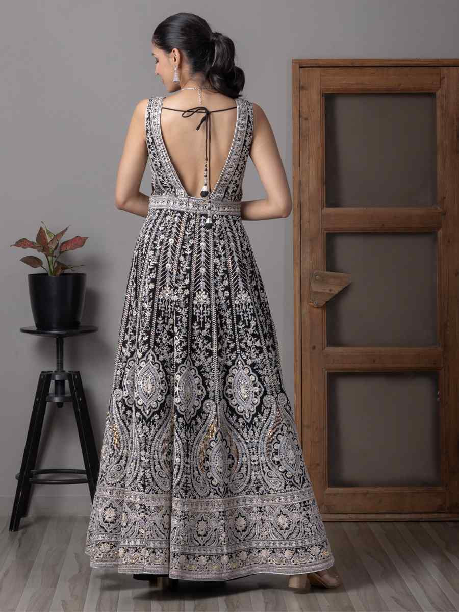 Black Georgette Embroidered Festival Casual Gown
