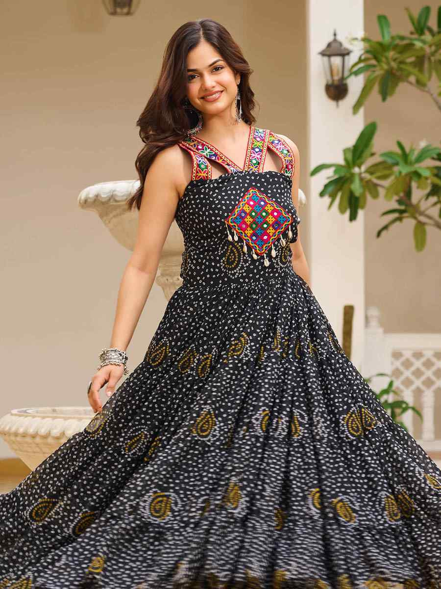 Black Georgette Embroidered Festival Casual Gown