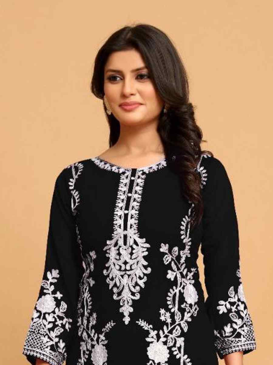 Black Georgette Embroidered Festival Casual Kurti