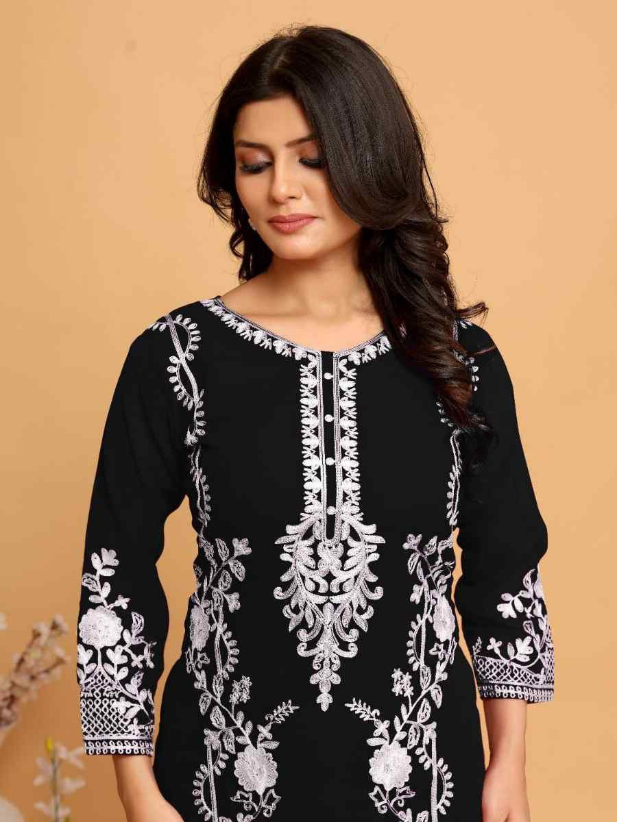 Black Georgette Embroidered Festival Casual Kurti