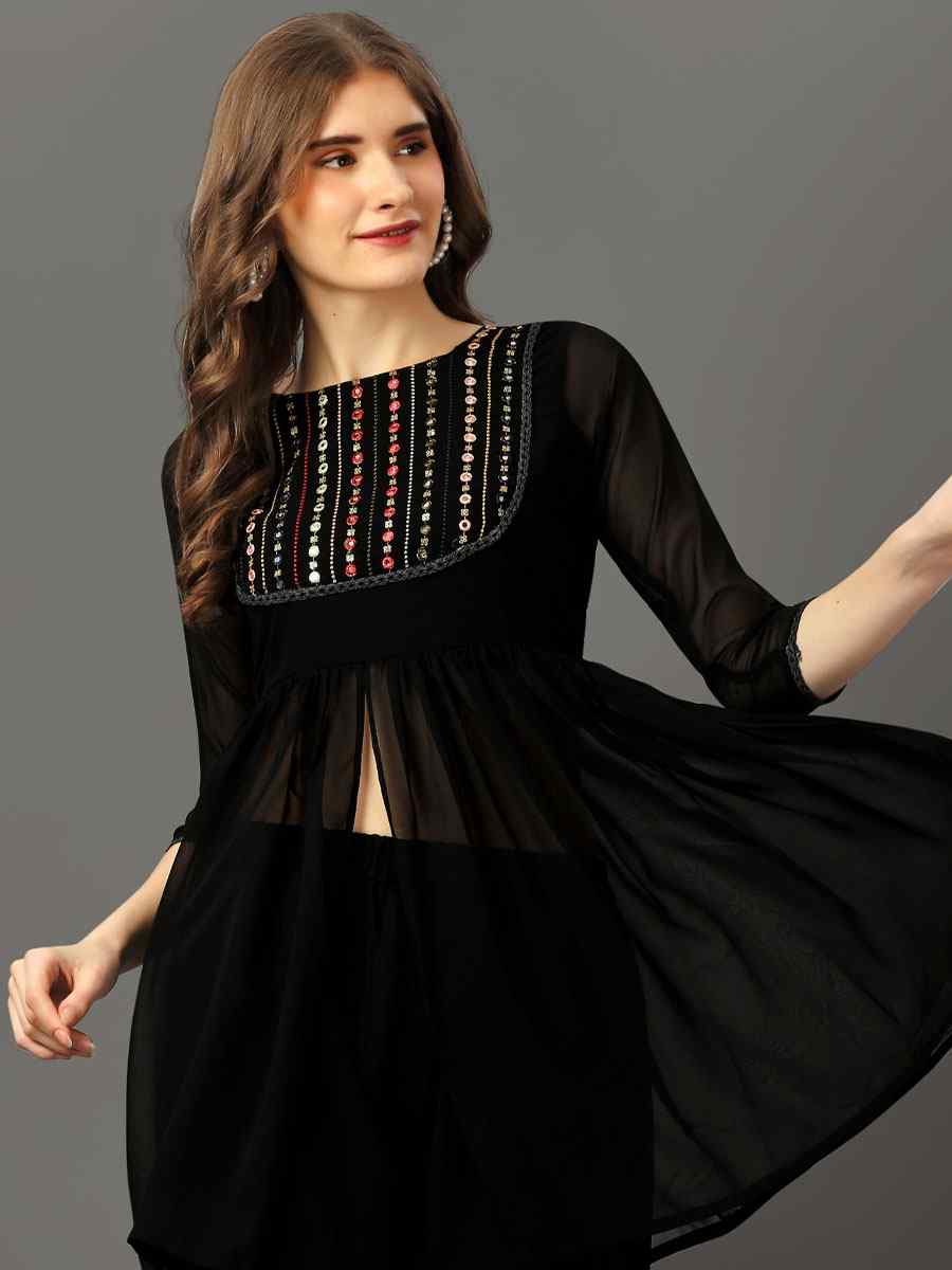 Black Georgette Embroidered Festival Casual Kurti with Bottom