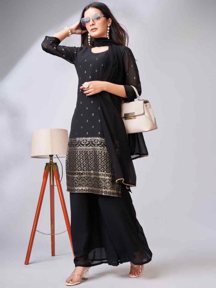 Black Georgette Embroidered Festival Casual Ready Palazzo Pant Salwar Kameez