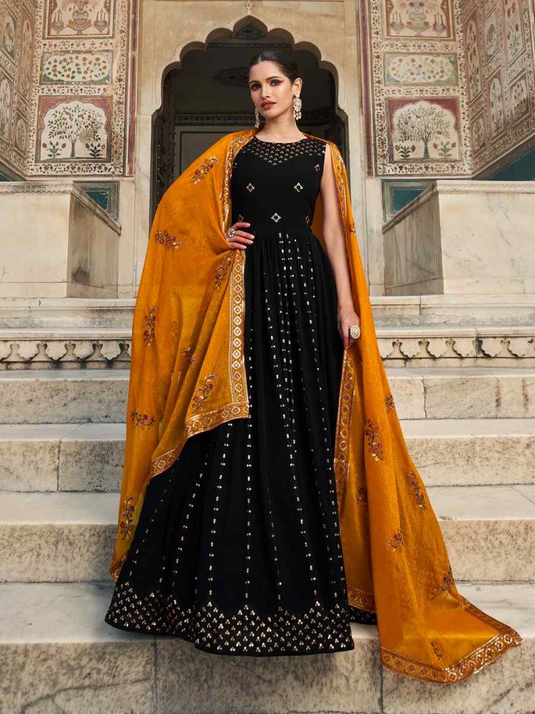 Black Georgette Embroidered Festival Party Gown