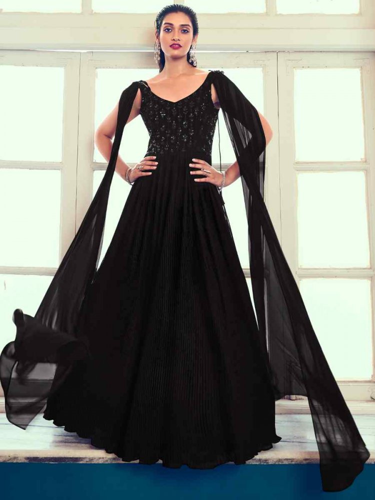 Black Georgette Embroidered Festival Party Gown