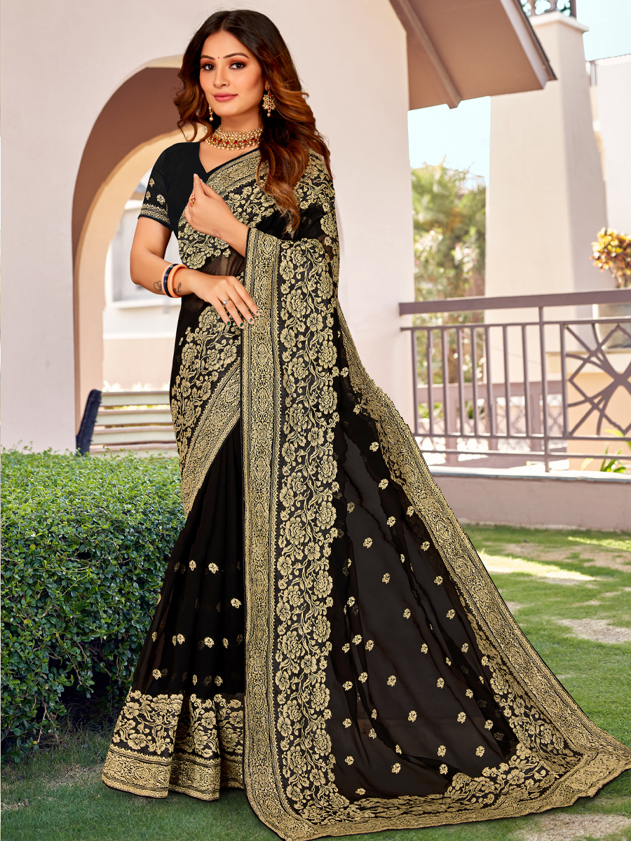 Black Georgette Embroidered Festival Party Heavy Border Saree