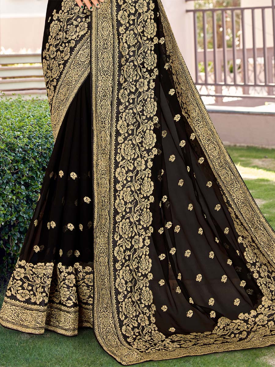 Black Georgette Embroidered Festival Party Heavy Border Saree