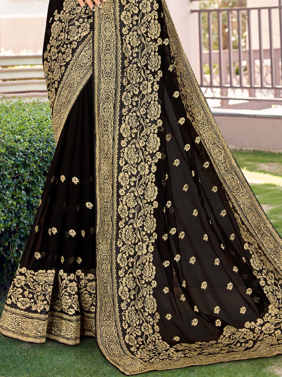 Black Georgette Embroidered Festival Party Heavy Border Saree