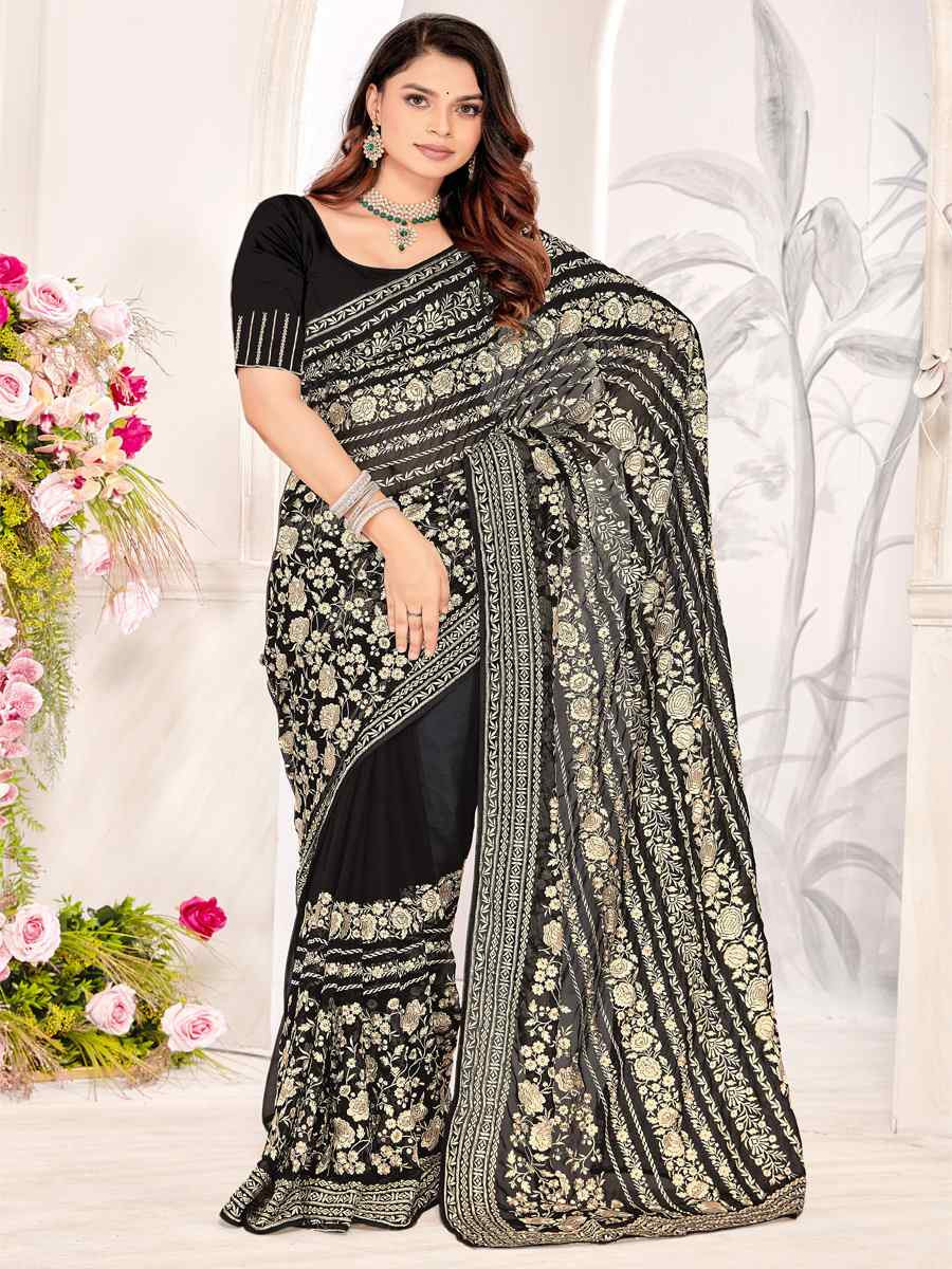Black Georgette Embroidered Festival Wedding Fancy Heavy Border Saree