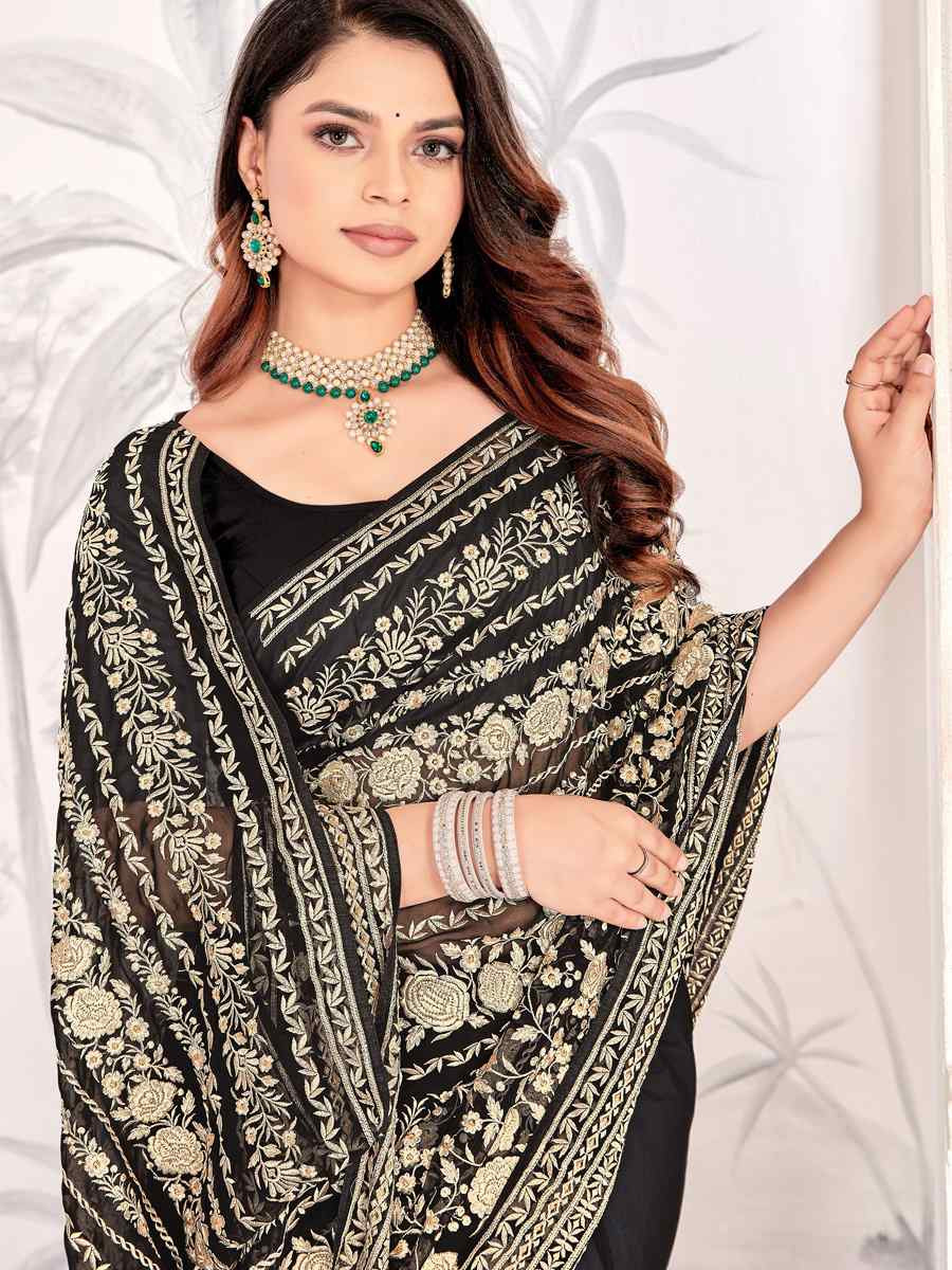 Black Georgette Embroidered Festival Wedding Fancy Heavy Border Saree