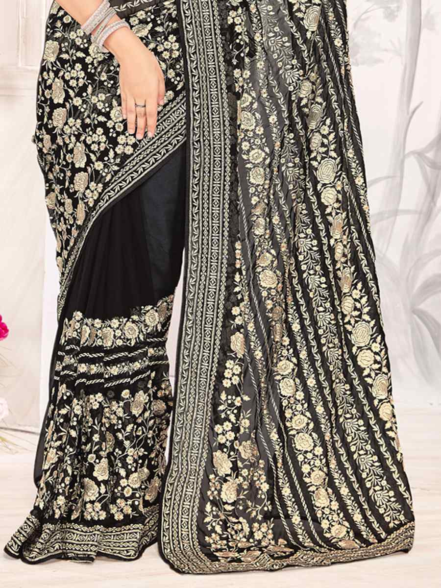Black Georgette Embroidered Festival Wedding Fancy Heavy Border Saree