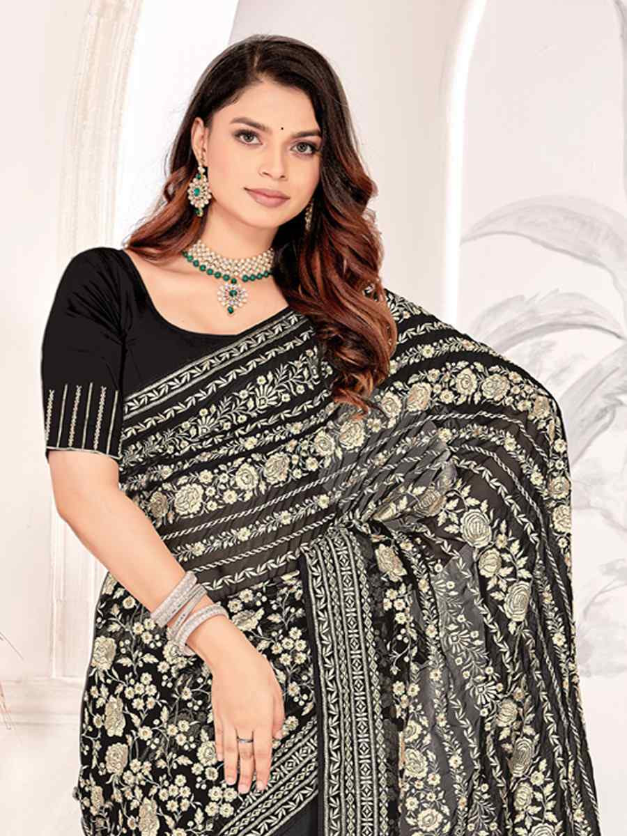 Black Georgette Embroidered Festival Wedding Fancy Heavy Border Saree