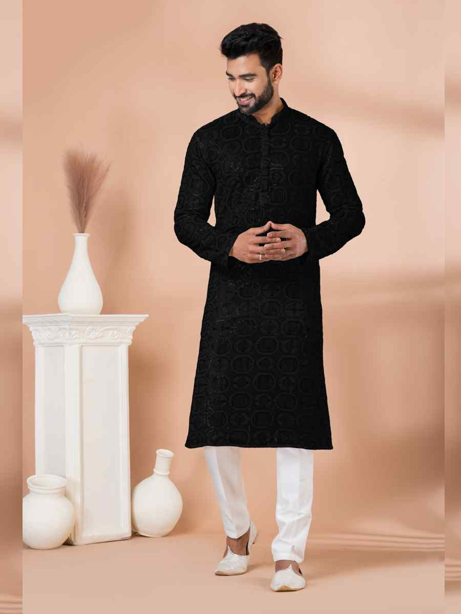 Black Georgette Embroidered Festival Wedding Kurta