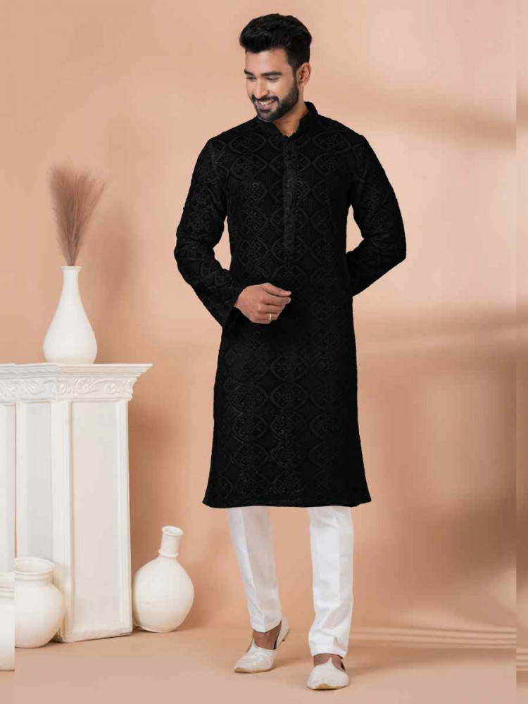 Black Georgette Embroidered Festival Wedding Kurta